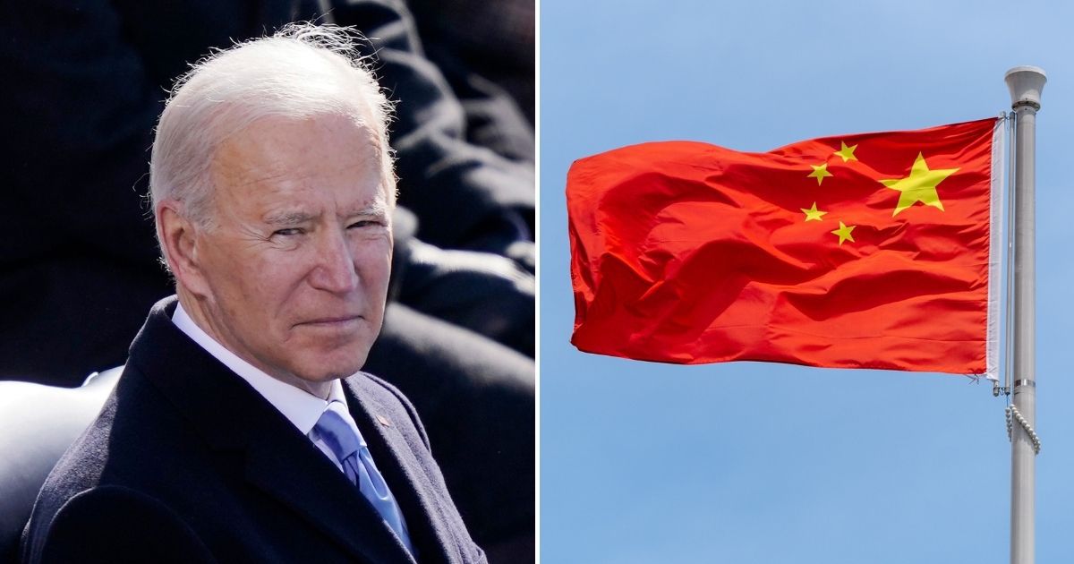 President Joe Biden, left, and a Chinese flag, right.