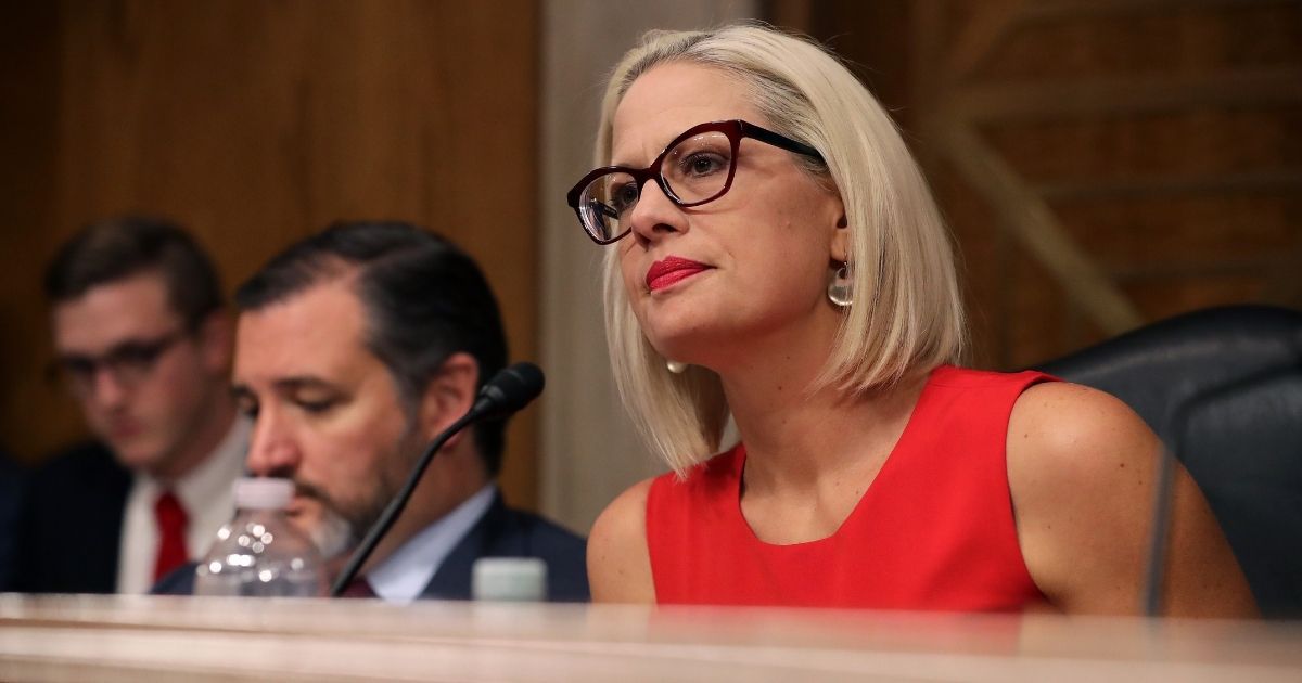 Democratic Sen. Kyrsten Sinema of Arizona questions witnesses during a hearing in the Dirksen Senate Office Building on Capitol Hill in Washington on May 14, 2019.