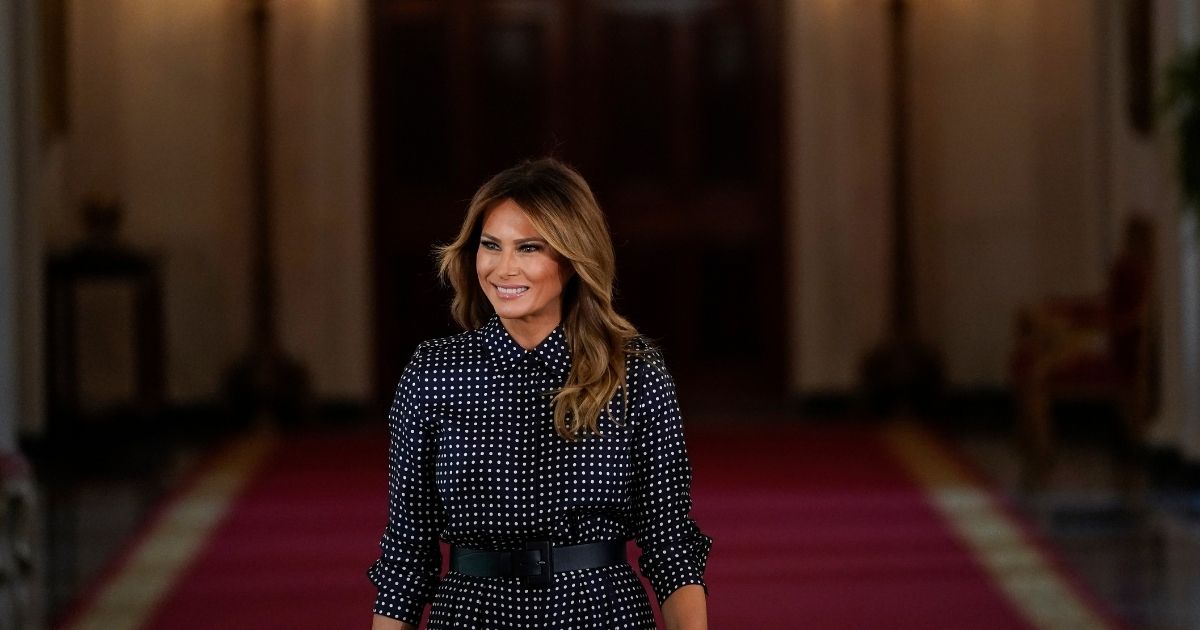 First Lady Melania Trump arrives for an event to mark National Alcohol and Drug Addiction Recovery Month in the East Room of the White House on September 3, 2020, in Washington D.C.