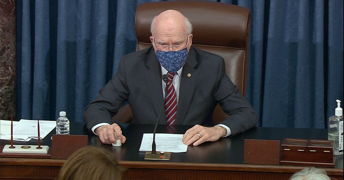 In this image from video, Vermont Democratic Sen. Patrick Leahy presides over the Senate in Washington on Monday.