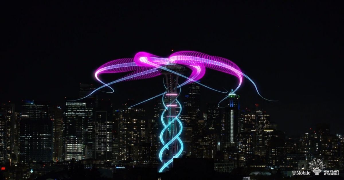 A virtual light show superimposed over the Seattle Space Needle on New Year's Eve December 31, 2020.