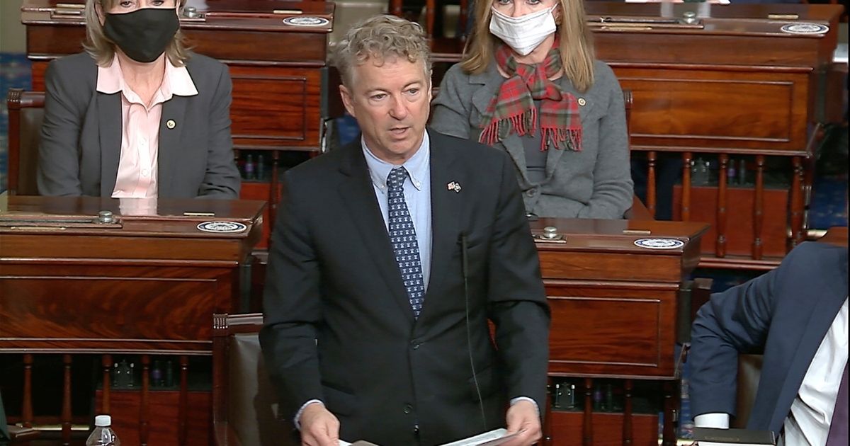 In this image from video, Kentucky Republican Sen. Rand Paul makes a motion that the impeachment trial against former President Donald Trump is unconstitutional in the Senate at the U.S. Capitol in Washington on Tuesday.