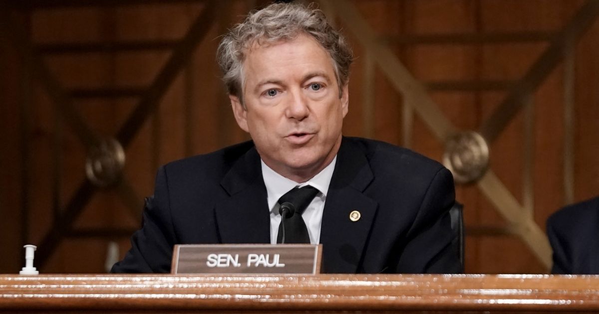 Republican Sen. Rand Paul of Kentucky asks questions during a Senate Homeland Security and Governmental Affairs Committee hearing to discuss election security and the 2020 election process on December 16, 2020, in Washington, D.C.