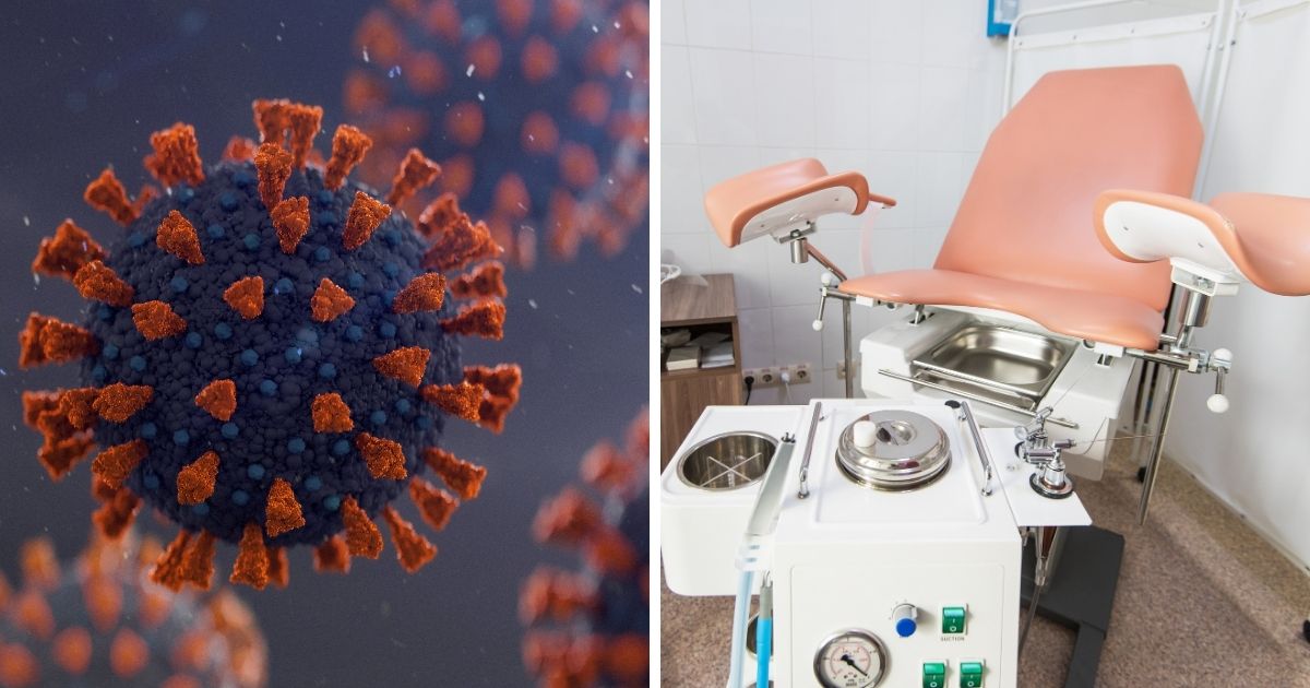 Left, an image of the coronavirus; right, a gynecological table.