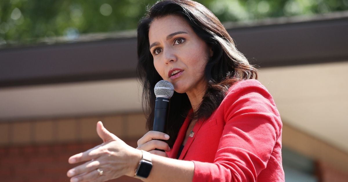 Now-former Rep. Tulsi Gabbard delivers a campaign speach while seeking the Democratic Party's presidential nomination in 2019.
