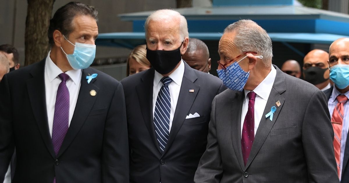 From left, New York Gov. Andrew Cuomo, then-Democratic presidential nominee Joe Biden and U.S. Sen. Chuck Schumer, D-N.Y., arrive for a remembrance ceremony this past fall on the 19th anniversary of the September 11, 2001, terrorist attacks in New York City.