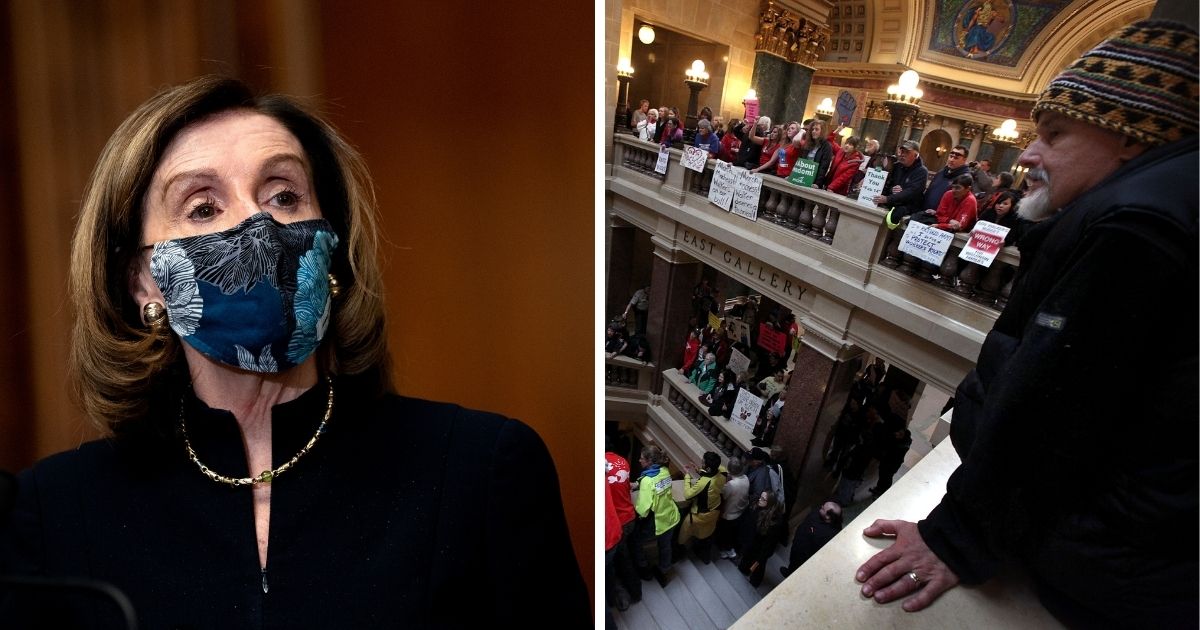 House Speaker Nancy Pelosi, left. Right: Protesters in the Wisconsin Capitol in March 2011.