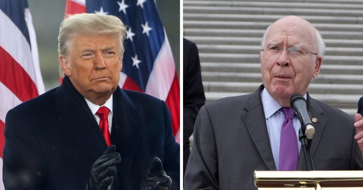 President Donald Trump at the Jan. 6 "Stop the Steal" rally in Washington, left; and Sen. Patrick Leahy at an October news conference, right.