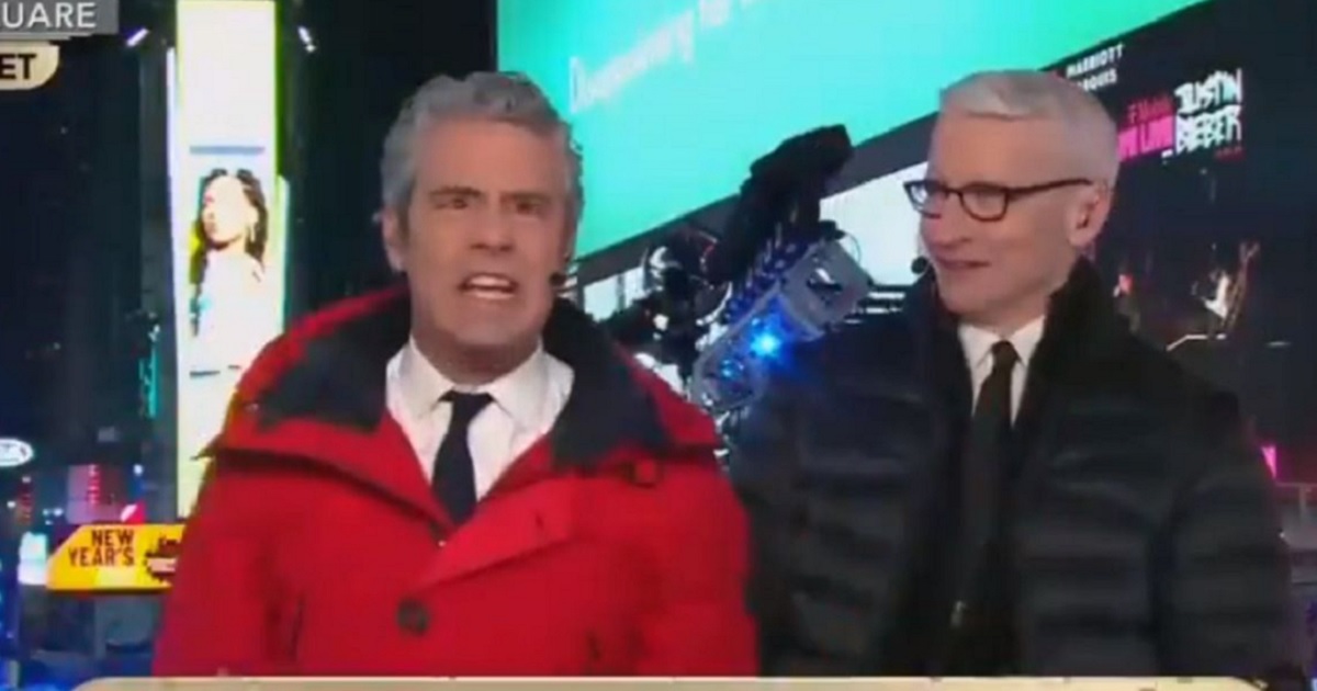 Bravo television host Andy Cohen, left, with CNN's Anderson Cooper during CNN's New Year's Eve broadcast from Times Square in New York City.
