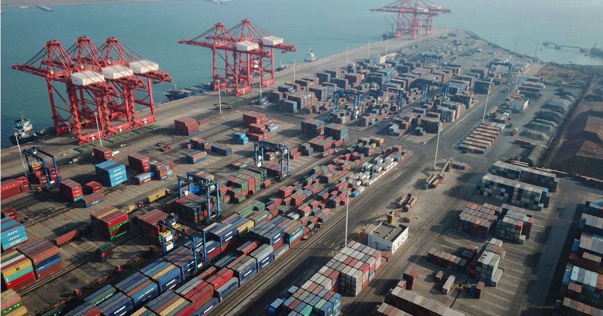 This aerial photo shows shipping containers stacked at a port in Lianyungang in China's eastern Jiangsu province on Jan. 14, 2021.