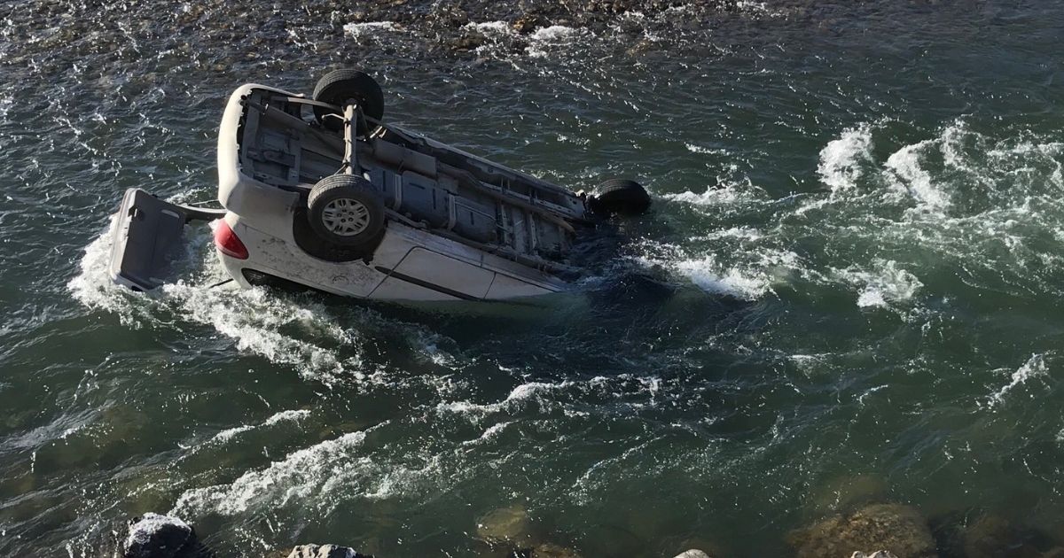 This image shows a car that ended up upside-down in Yellowstone River in Montana on Thursday.