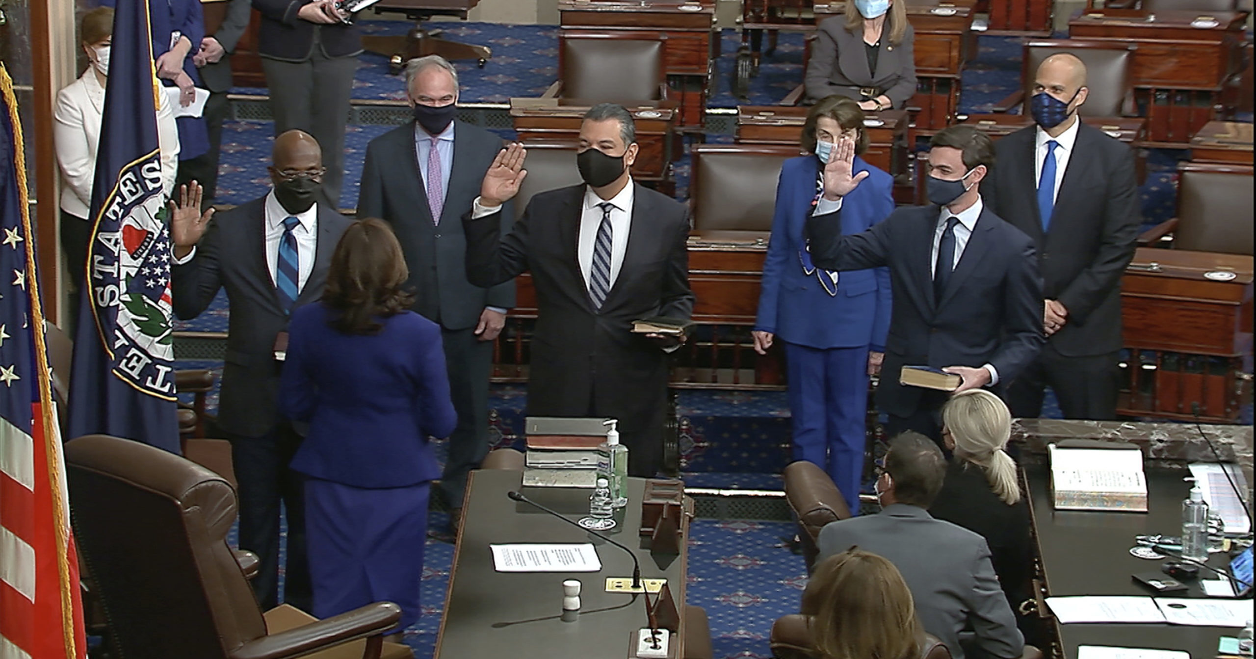 Vice President Kamala Harris swears in Sen. Raphael Warnock, Sen. Alex Padilla and Sen. Jon Ossoff on the floor of the Senate on Jan. 6, 2021, on Capitol Hill in Washington, D.C.