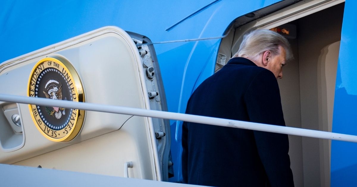 President Donald Trump boards Air Force One on Jan. 20, 2021, at Joint Base Andrews, Maryland.