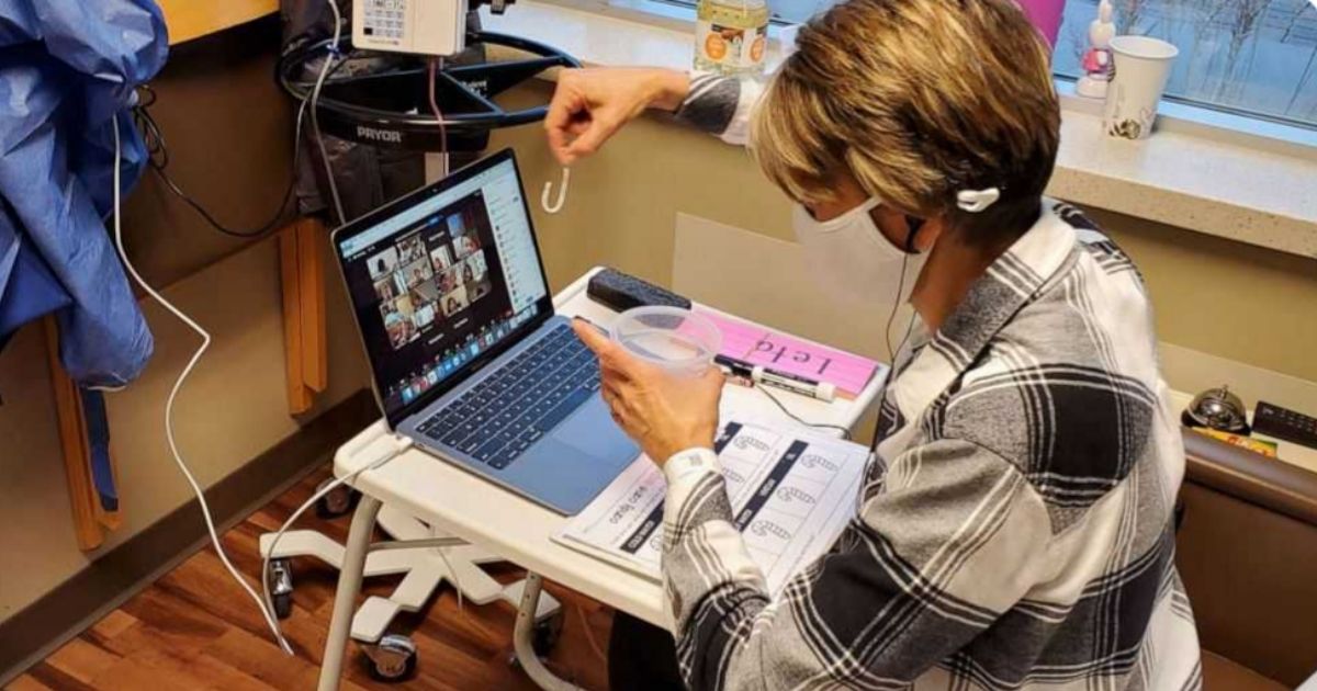 Kelly Klein, an elementary school teacher from Minnesota, teaches from the hospital where she receives chemotherapy.