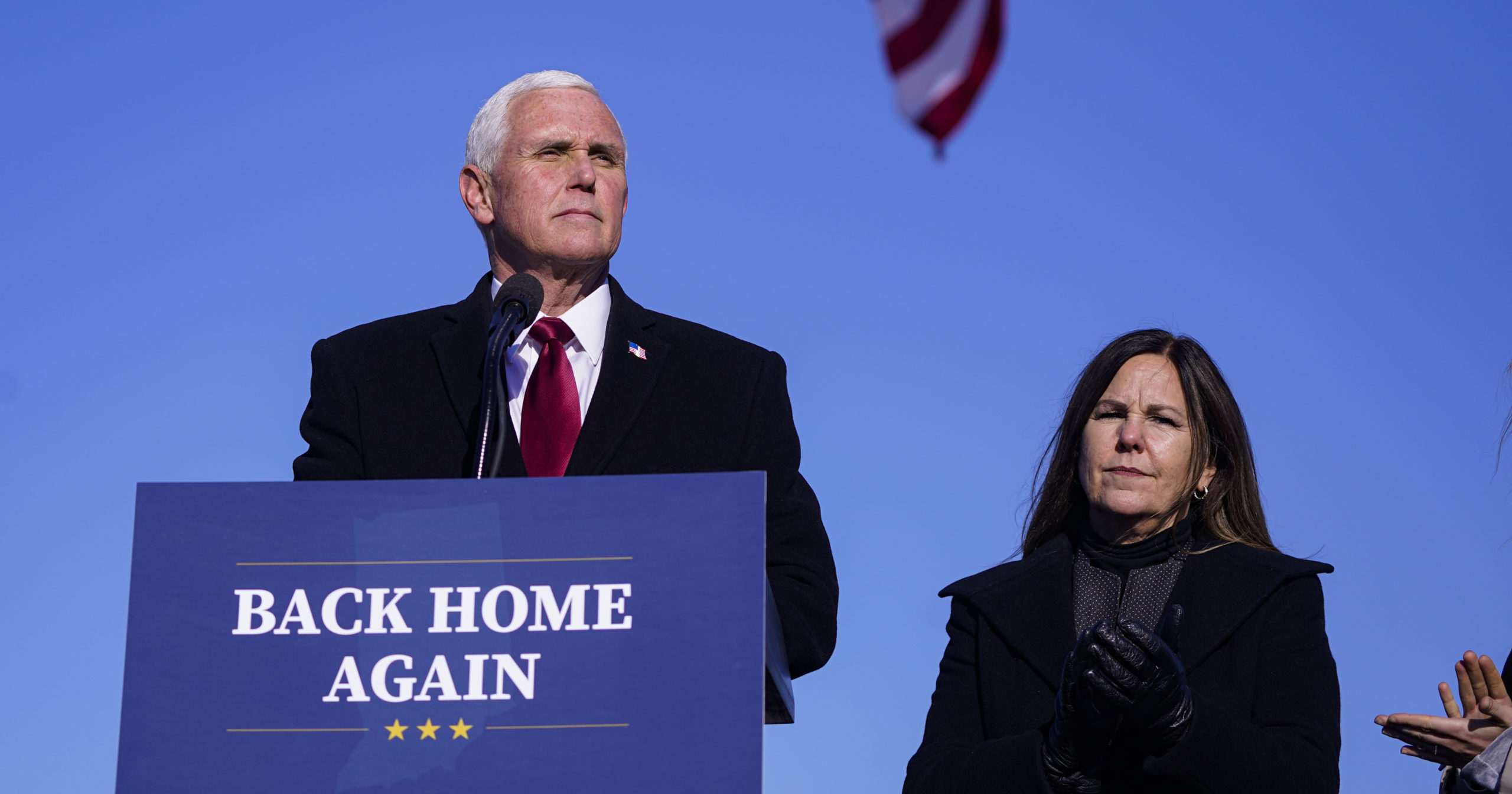 Former Vice President Mike Pence speaks after arriving in his hometown of Columbus, Indiana, on Jan. 20, 2021.