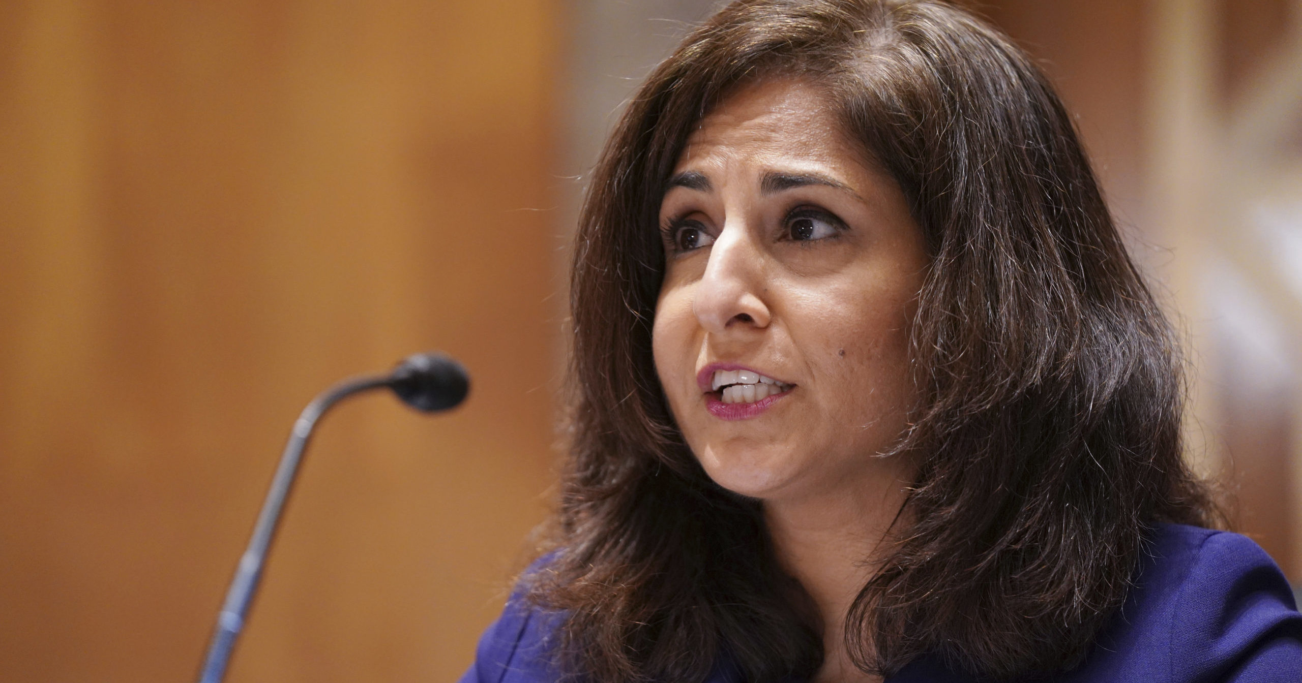 Neera Tanden testifies before the Senate Homeland Security and Government Affairs Committee on her nomination to become the director of the Office of Management and Budget during a hearing on Feb. 9, 2021, on Capitol Hill in Washington, D.C.