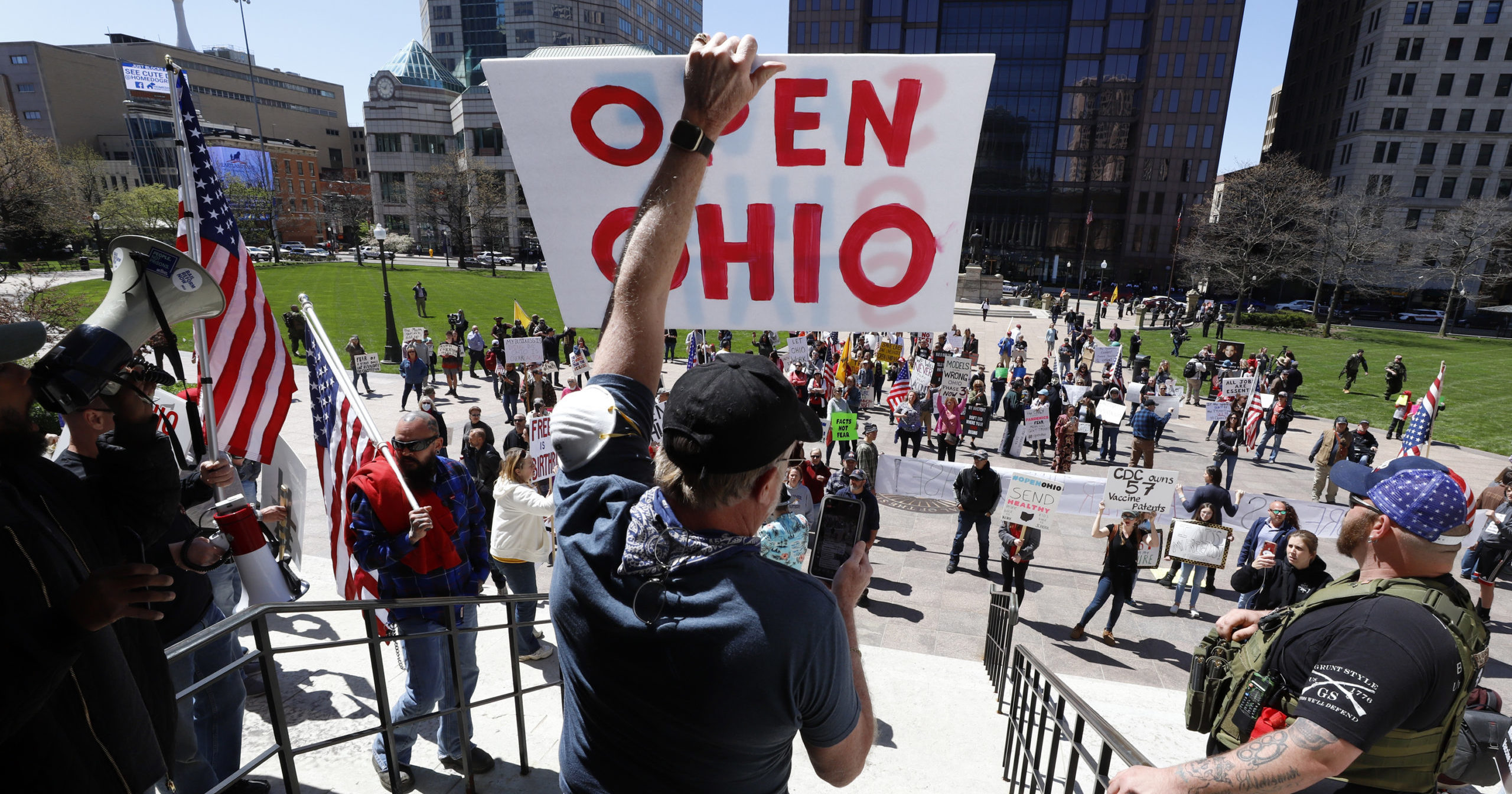 Protesters gather outside the Ohio Statehouse in Columbus, Ohio, to protest a stay-at-home order on Apr. 20, 2020.