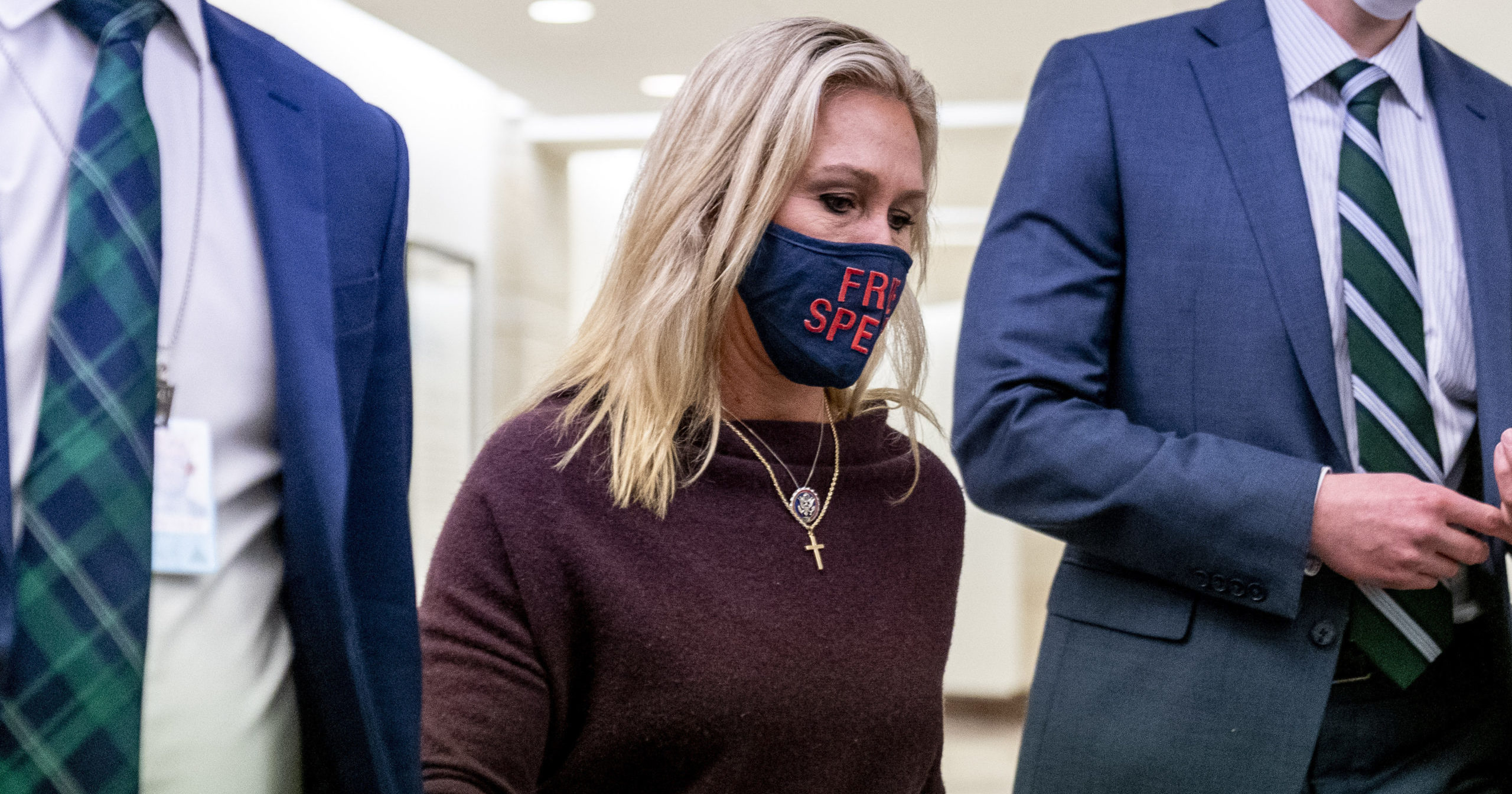 Rep. Marjorie Taylor Greene of Georgia walks to her office after speaking on the House floor on Capitol Hill in Washington, D.C., on Feb. 4, 2021.