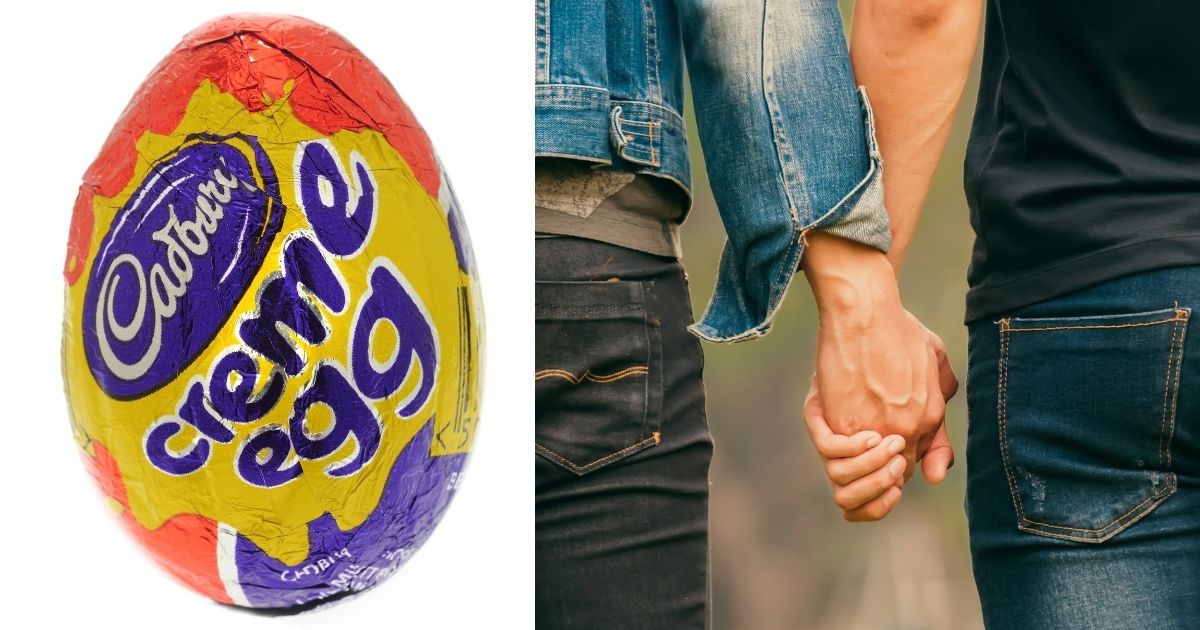 A Cadbury Creme Egg, left, and a gay couple holding hands, right.