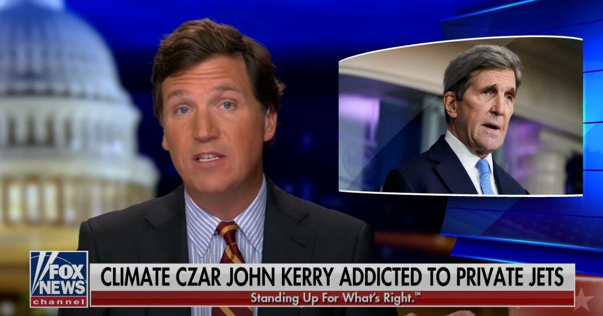Fox News host Tucker Carlson talks about climate czar John Kerry's use of private jets Wednesday on "Tucker Carlson Tonight."