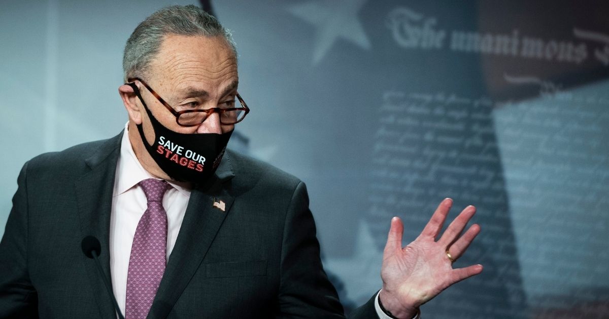Senate Majority Leader Chuck Schumer speaks during a news conference at the U.S. Capitol on Feb. 11, 2021, in Washington, D.C.