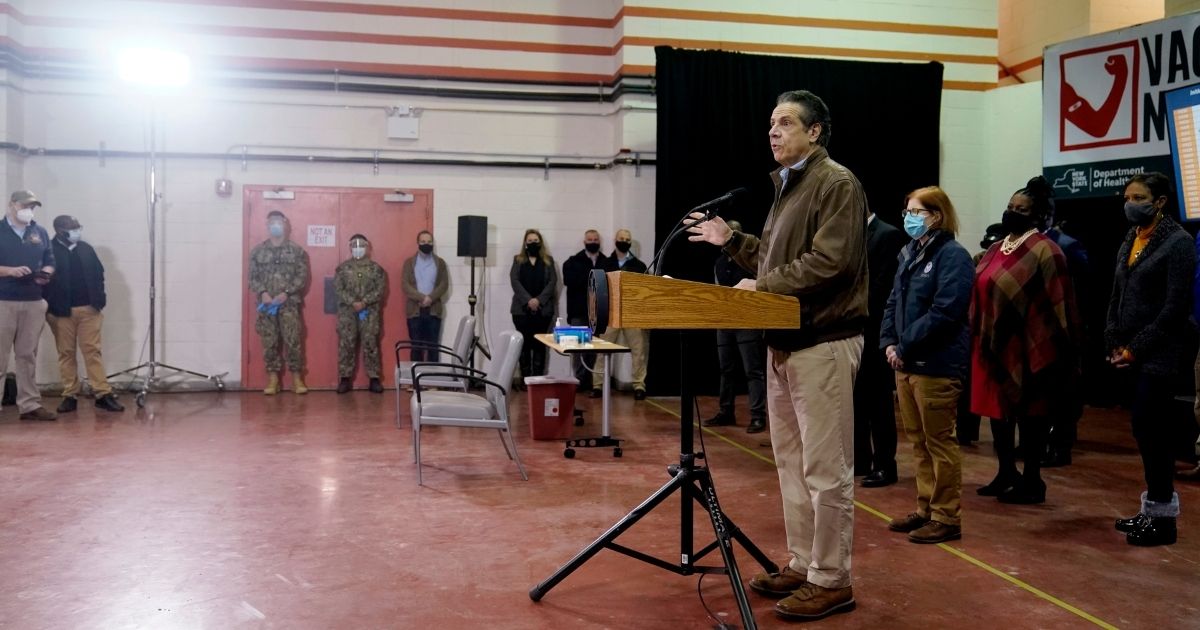 New York Gov. Andrew Cuomo speaks during a news conference before the opening of a COVID-19 vaccination site in the Queens borough of New York on Wednesday.