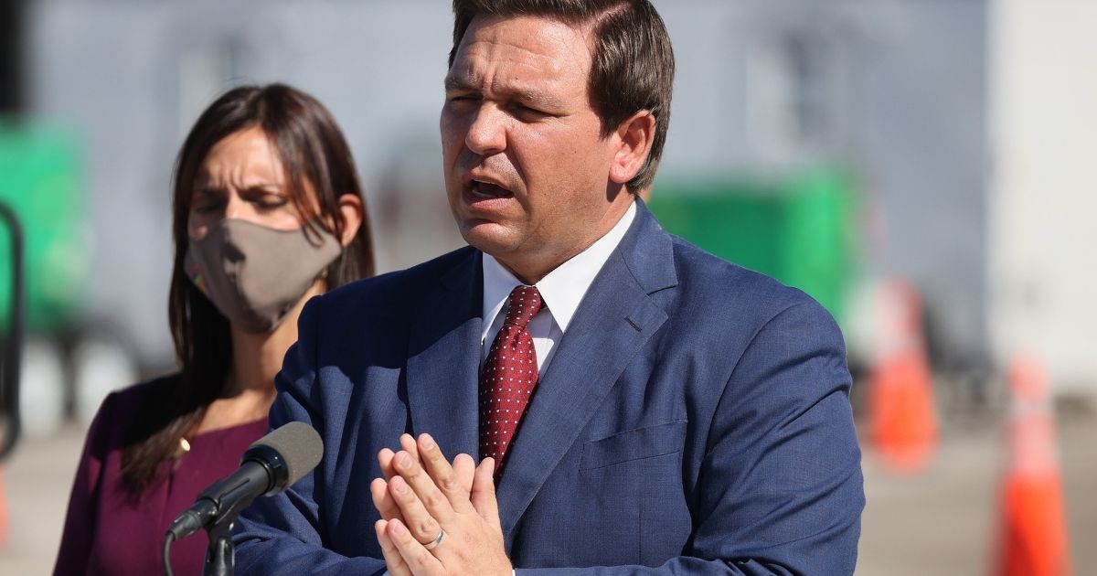 Florida Republican Gov. Ron DeSantis speaks during a press conference about the opening of a COVID-19 vaccination site at the Hard Rock Stadium on Jan. 06 in Miami.