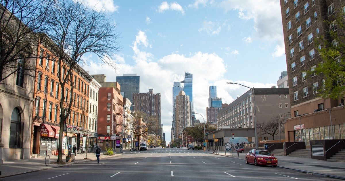 A view of an empty 10th Avenue towards Hudson Yards amid the coronavirus pandemic is pictured on April 21, 2020, in New York City.