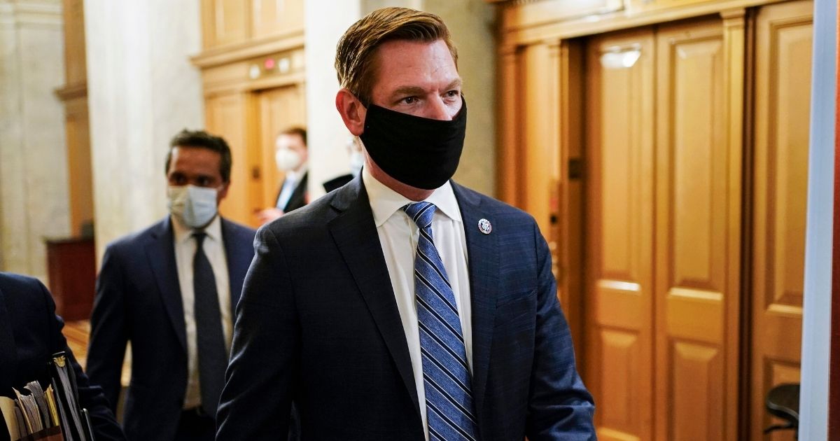 Democratic Rep. Eric Swalwell of California departs after the day's proceedings in the impeachment trial of former President Donald Trump at the U.S. Capitol on Wednesday in Washington, D.C.