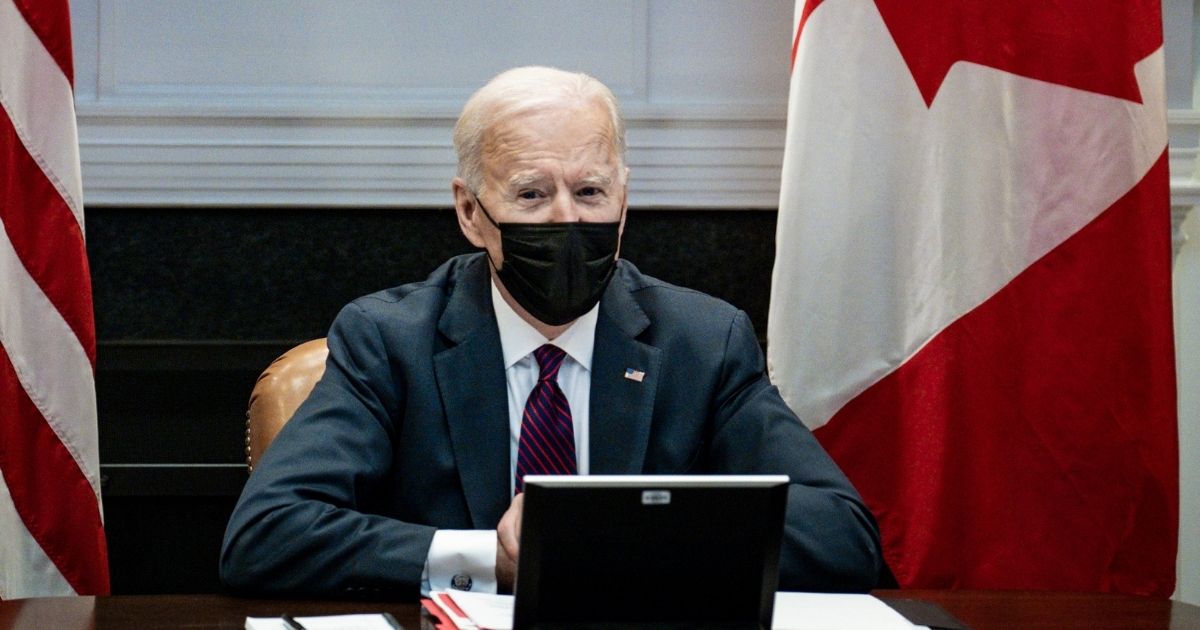 President Joe Biden participates in a virtual bilateral meeting with Prime Minister Justin Trudeau of Canada in the Roosevelt Room of the White House on Tuesday in Washington, D.C.