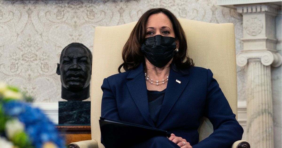 Vice President Kamala Harris looks on during a meeting with President Joe Biden and Treasury Secretary Janet Yellen in the Oval Office of the White House in Washington, D.C., on Friday.