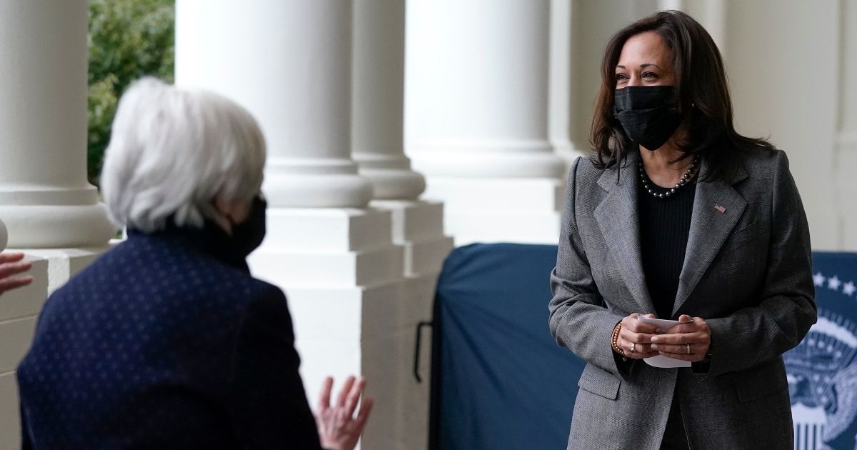 Vice President Kamala Harris prepares to depart after participating in the swearing-in ceremony for Treasury Secretary Janet Yellen, left, on Jan. 26, 2021, at the White House in Washington.