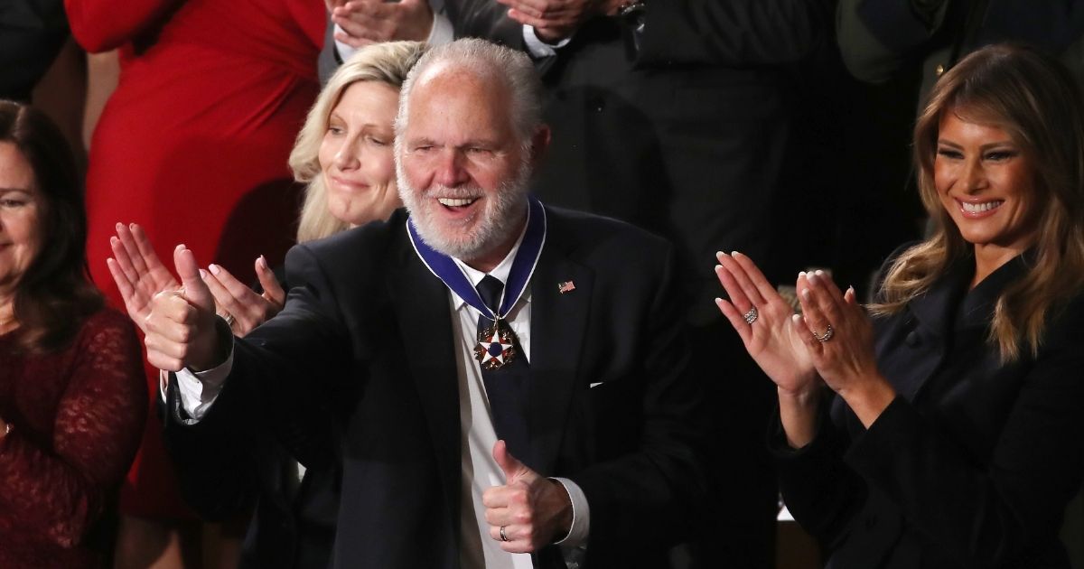 Radio personality Rush Limbaugh reacts after First Lady Melania Trump gives him the Presidential Medal of Freedom during the State of the Union address in the chamber of the U.S. House of Representatives on Feb. 04, 2020, in Washington, D.C.