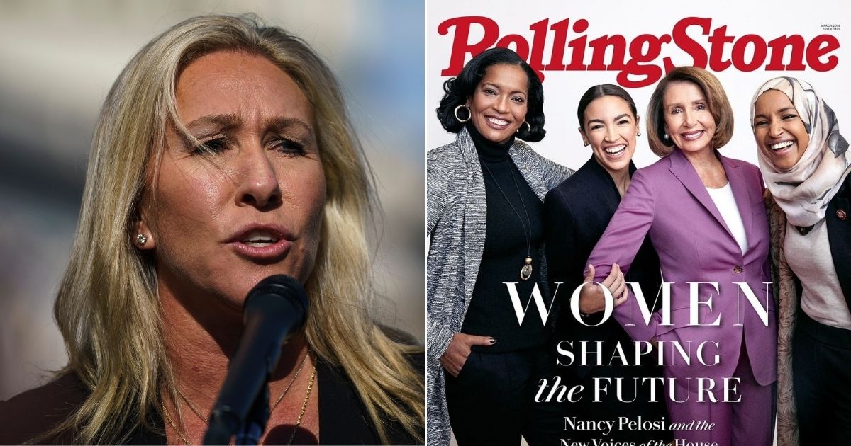 Republican Rep. Marjorie Taylor Greene of Georgia, left, is pictured outside the U.S. Capitol in Washington, D.C. At right, Reps. Jahana Hayes of Connecticut, Alexandria Ocasio-Cortez of New York, Nancy Pelosi of California and Ilhan Omar of Minnesota are pictured on the cover of Rolling Stone.