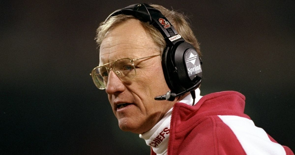 Marty Schottenheimer, then the head coach of the Kansas City Chiefs, looks on during a game against the Denver Broncos at Arrowhead Stadium on Nov. 16, 1998.