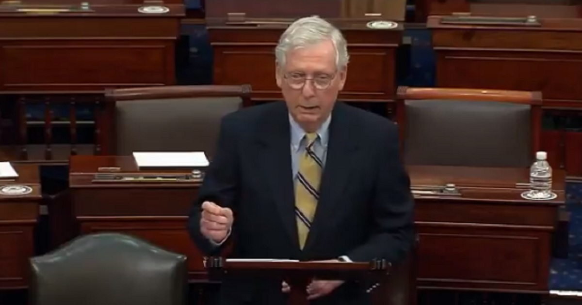 Senate Minority Leader Mitch McConnell speaks on the Senate floor after former President Donald Trump's second impeachment acquittal on Saturday.