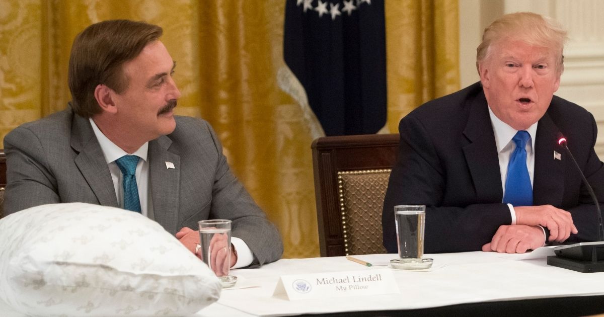 Former President Donald Trump speaks alongside the founder of MyPillow, Mike Lindell, left, during a Made in America event with U.S. manufacturers in the East Room of the White House in Washington, D.C., on July 19, 2017.