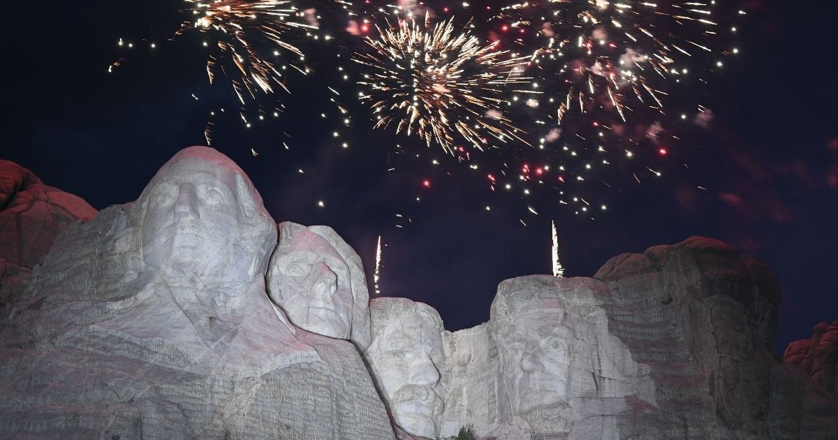 Fireworks explode above the Mount Rushmore National Monument during an Independence Day event in Keystone, South Dakota, on July 3, 2020.