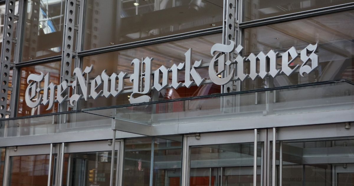 The sign over the west entrance of the New York Times building is pictured on April 28, 2016, in New York City.