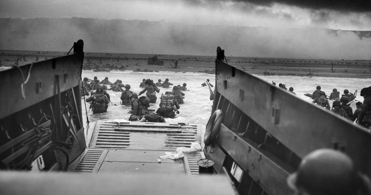 Troops from the U.S. 1st Infantry Division land on Omaha Beach during the Normandy invasion on June 6, 1944