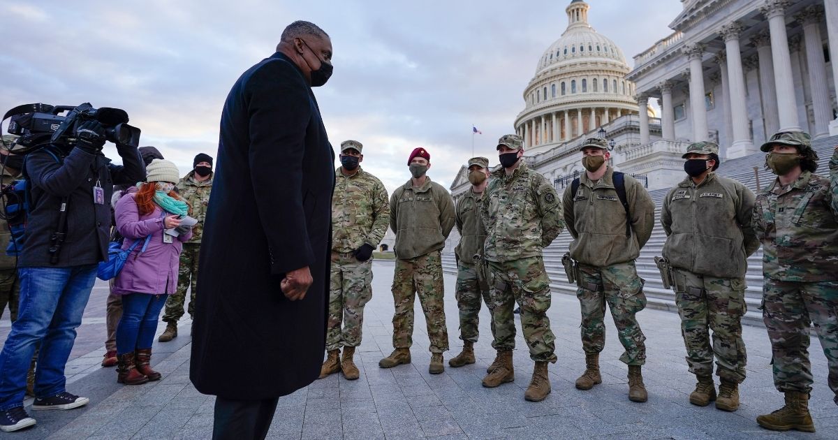 Secretary of Defense Lloyd Austin visits National Guard troops deployed at the U.S. Capitol and its perimeter on Jan. 29, 2021, on Capitol Hill in Washington, D.C.