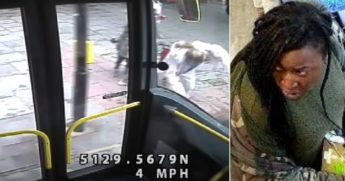 Amelia Doris, dubbed the "Pimlico Pusher," shoves a woman into London street as a bus approaches.