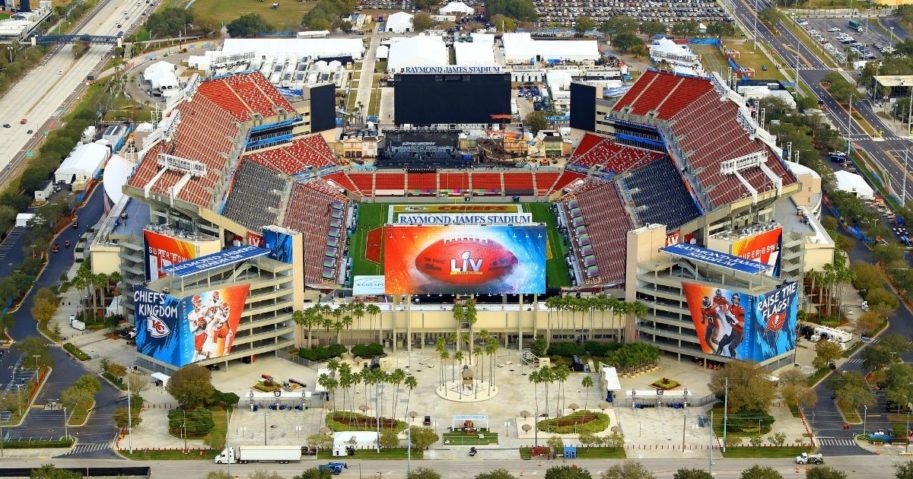 Raymond James Stadium in Tampa, Florida, is seen Sunday, a week ahead of Super Bowl LV between the Kansas City Chiefs and Tampa Bay Buccaneers.