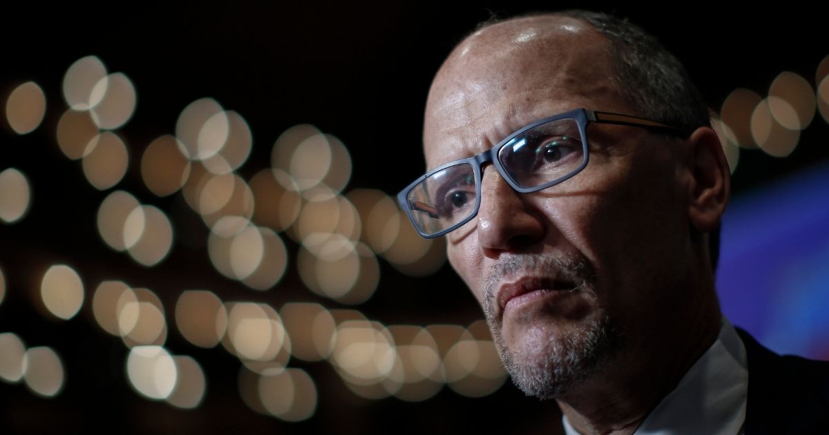 Democratic National Committee chairman Tom Perez speaks to reporters in the spin room ahead of the first Democratic presidential primary debate for the 2020 election at the Adrienne Arsht Center for the Performing Arts on June 26, 2019, in Miami.