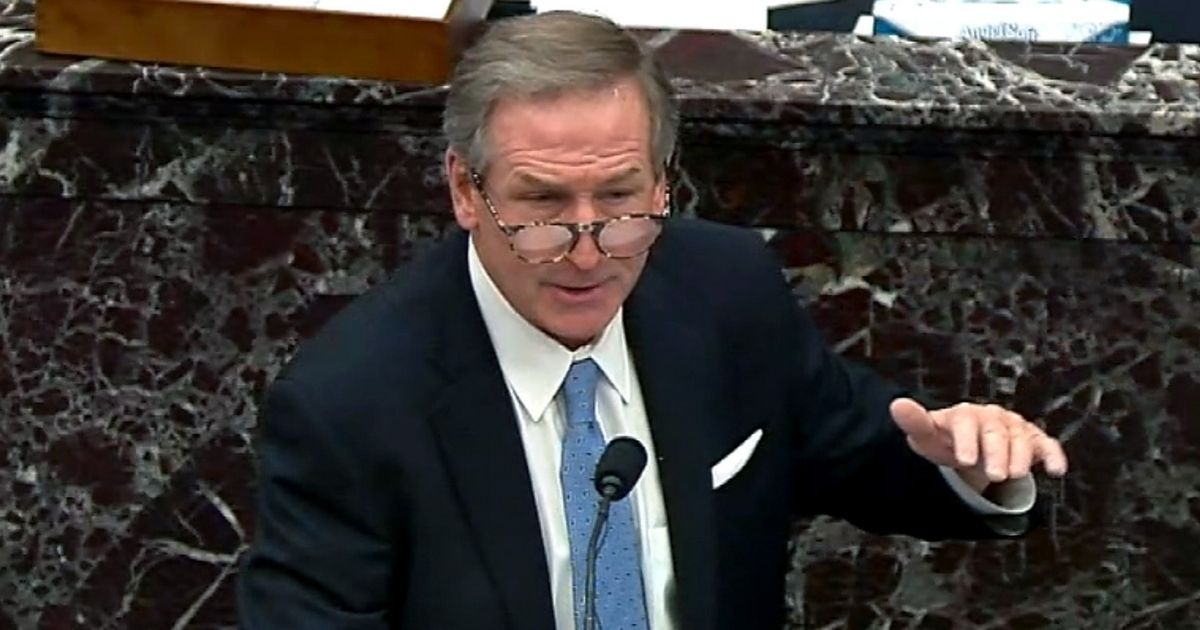 Michael van der Veen, defense lawyer for former President Donald Trump, gives his closing arguments on the fifth day of Trump's second impeachment trial at the U.S. Capitol in Washington on Saturday.