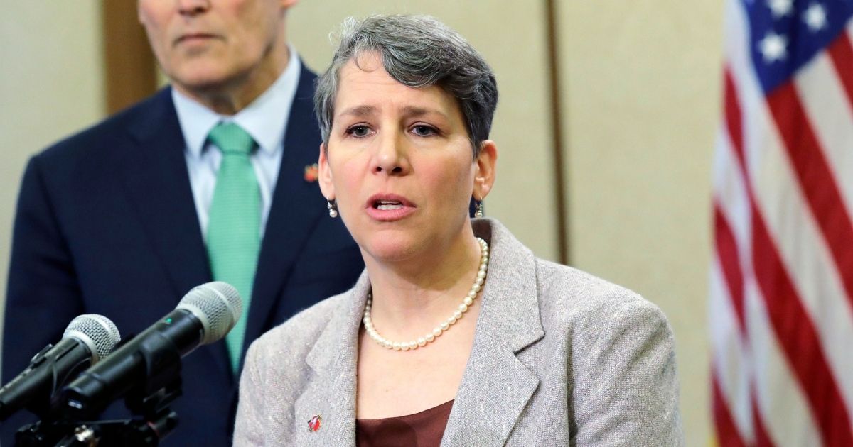 Suzi LeVine, Washington state's Employment Security Department commissioner, is pictured in a file photo from a 2019 news conference in Olympia.