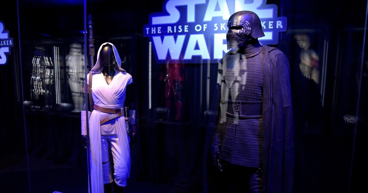 'Star Wars' costumes for Rey and Kylo Ren are on display at the Star Ward Marathon hosted by Nerdest at the El Capitan Theater in Hollywood on Dec. 19, 2019.