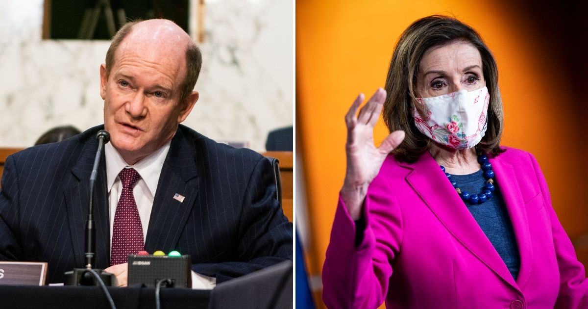 Democratic Sen. Chris Coons of Delaware, left, is pushing back against House Speaker Nancy Pelosi's call for a Democrat-dominated commission concerning the Jan. 6 incursion into the Capitol.