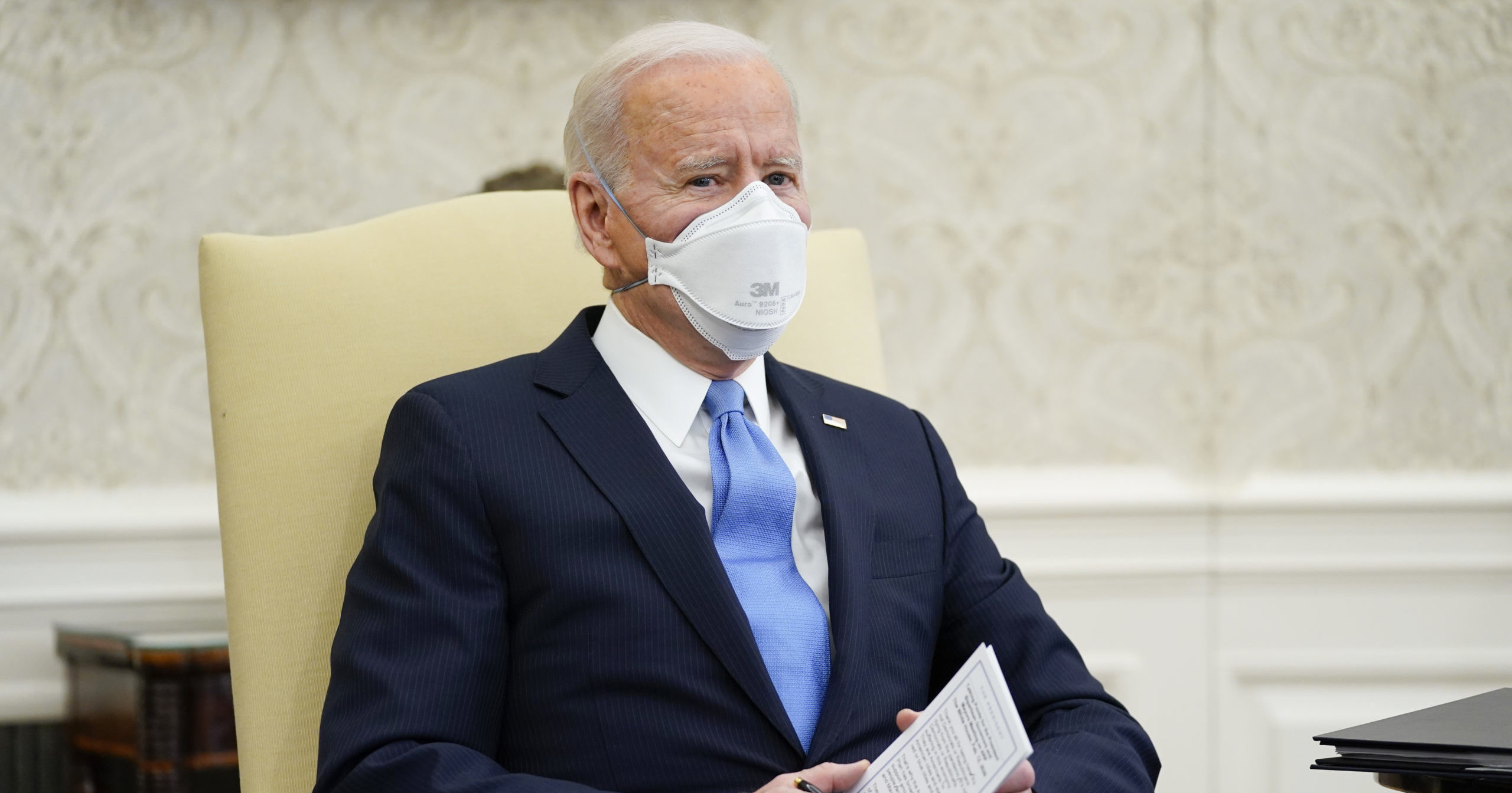 President Joe Biden speaks during a meeting in the Oval Office of the White House on Feb. 12, 2021, in Washington, D.C.