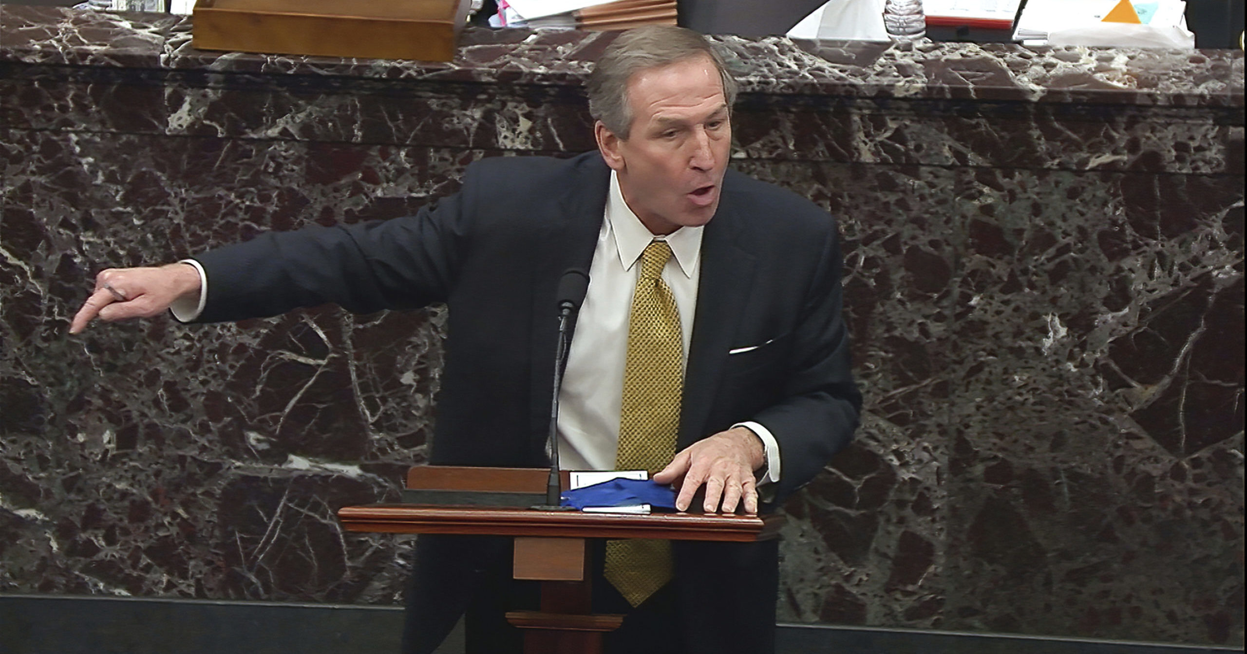 Michael van der Veen, an attorney for former President Donald Trump, speaks during the second impeachment trial of Trump in the Senate at the US Capitol in Washington, D.C., on Feb. 12, 2021.